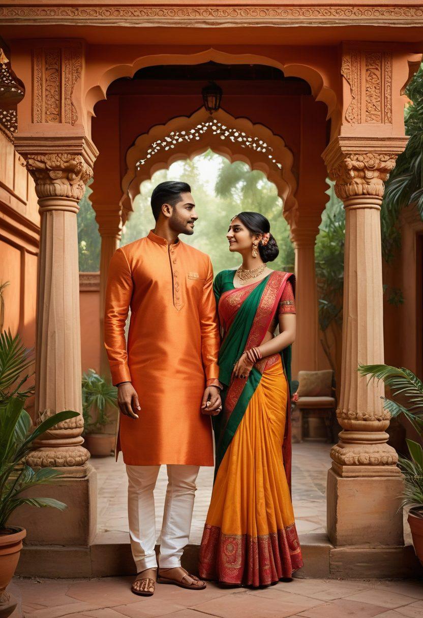 A diverse group of Indian couples engaged in various forms of communication and connection, set against a backdrop of traditional Indian architecture blended with modern elements. Incorporate vibrant colors reflecting the warmth of relationships, showcasing cultural symbols like henna designs, traditional attire, and modern clothing. Include soft lighting to evoke intimacy and trust, with foliage framing the scene, representing growth and connection. The setting should feel inviting and harmonious. super-realistic. vibrant colors. warm tones.