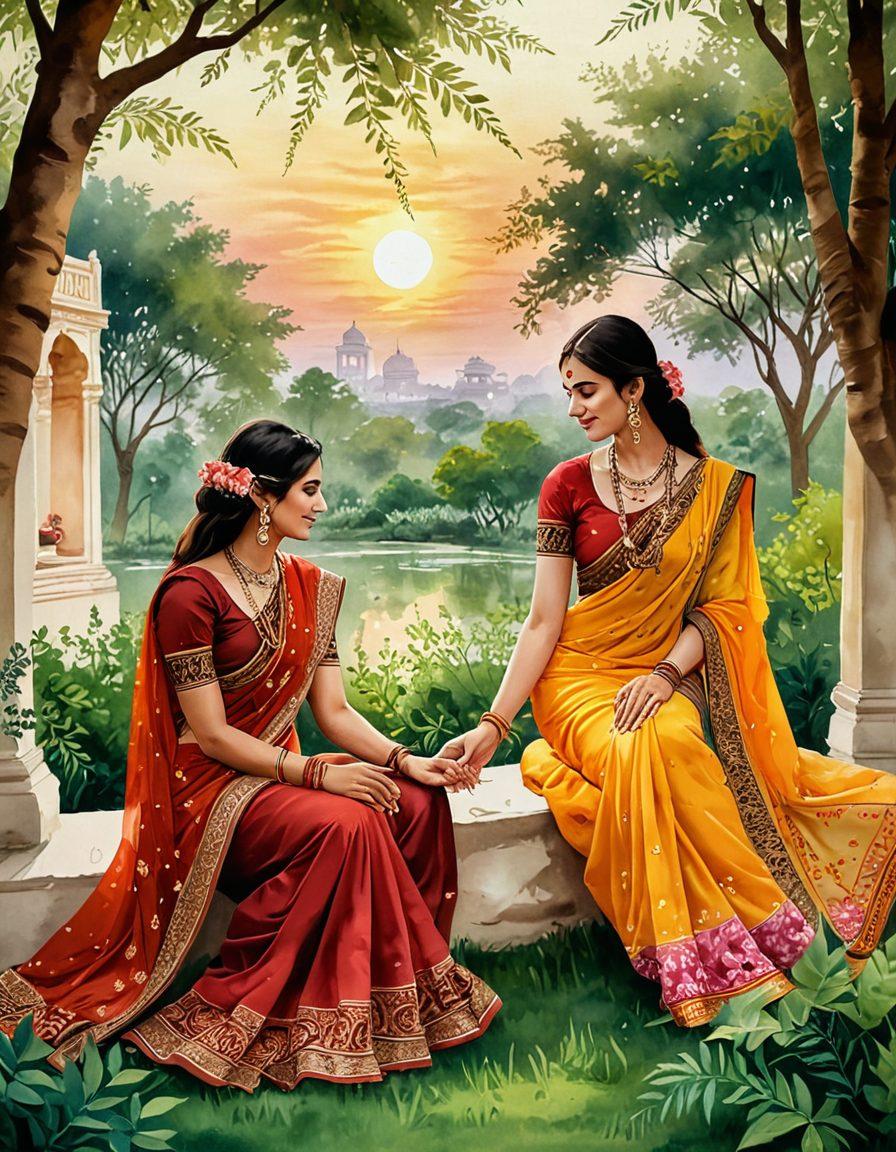 A captivating scene depicting a serene Indian landscape, blending traditional elements such as vibrant saris, intricate henna designs, and a tranquil sunset. Include diverse couples engaged in intimate, respectful conversations, surrounded by lush greenery and colorful flowers. Emphasize warmth, connection, and cultural richness in an inviting manner. watercolor painting. warm tones. gentle brush strokes.