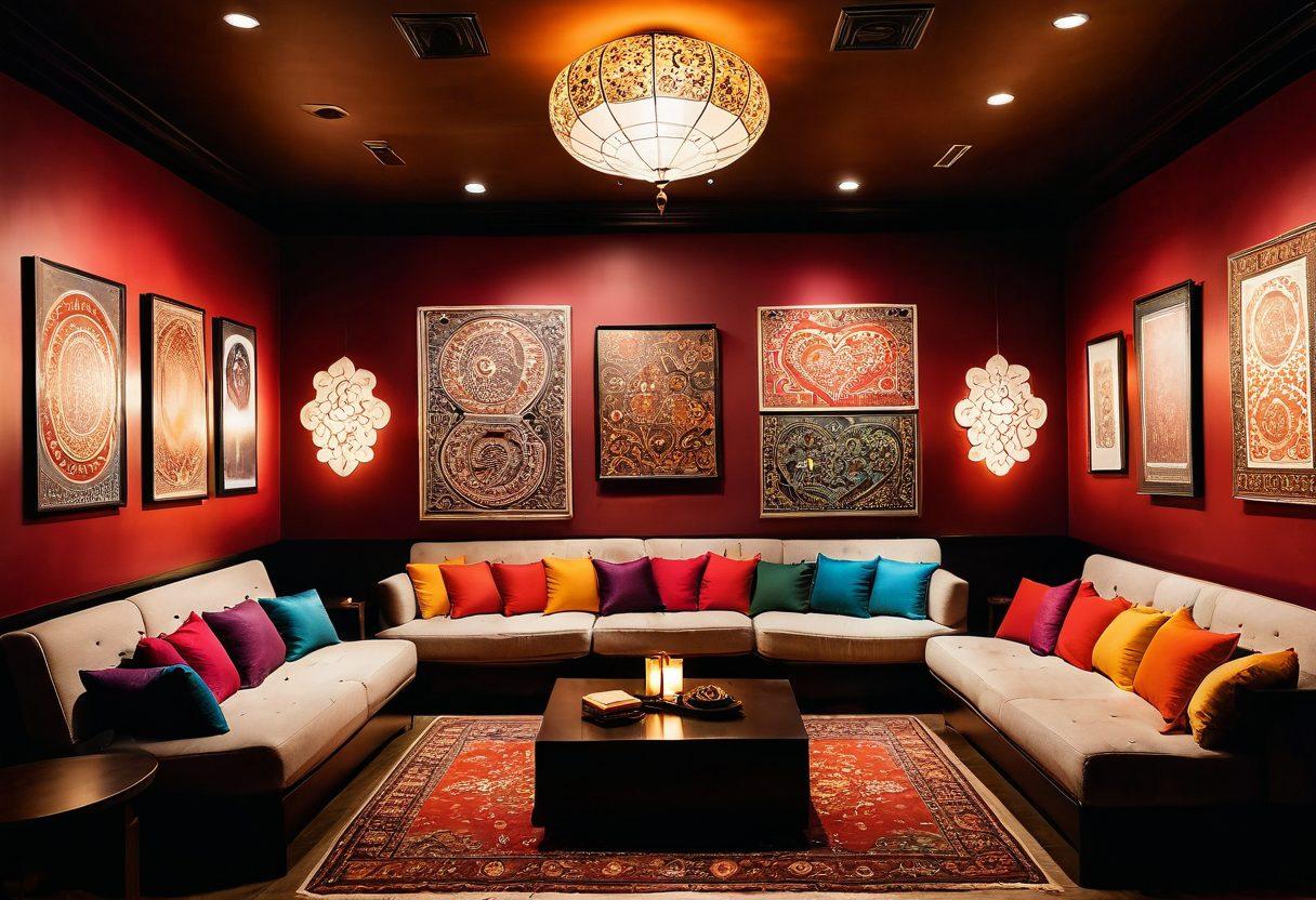 A cozy, inviting adult lounge setting with plush seating and soft ambient lighting, featuring a diverse group of people engaged in open and candid conversations about sexual health. Intertwine elements of Indian culture, like traditional artwork and colorful textiles, representing the blend of tradition and modern understanding. Incorporate symbols of communication, such as speech bubbles and hearts, to emphasize dialogue and connection. The overall mood should be warm and educational. super-realistic. vibrant colors.